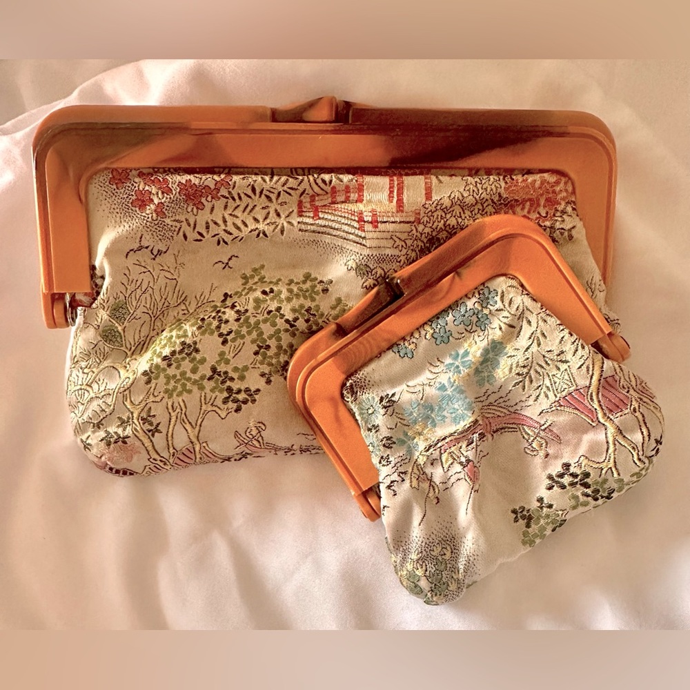 ***SOLD*** Vintage Asian Inspired Silk Clutch & Matching Coin Purse Tortoise - Picture 1 of 9